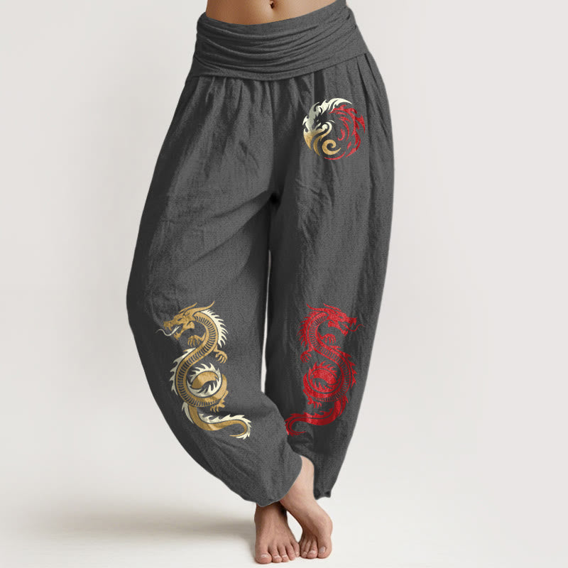 Buddha Stones Pure Cotton Dragon Pattern Women's Elastic Waist Harem Pants - DimGray - US22，UK/AU26，EU54 (6XL) - image 8