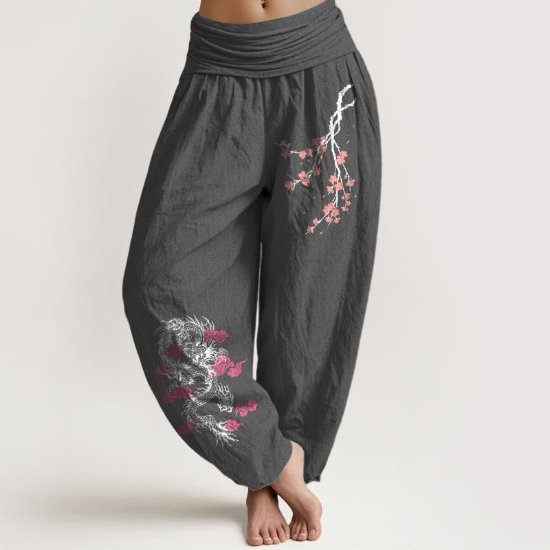 Buddha Stones Dragon Auspicious Clouds Flower Pattern Women's Elastic Waist Harem Cotton Pants - DimGray - US22，UK/AU26，EU54 (6XL) - image 8