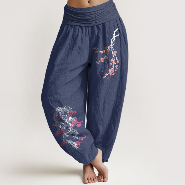 Buddha Stones Dragon Auspicious Clouds Flower Pattern Women's Elastic Waist Harem Cotton Pants - DarkSlateBlue - US22，UK/AU26，EU54 (6XL) - image 5