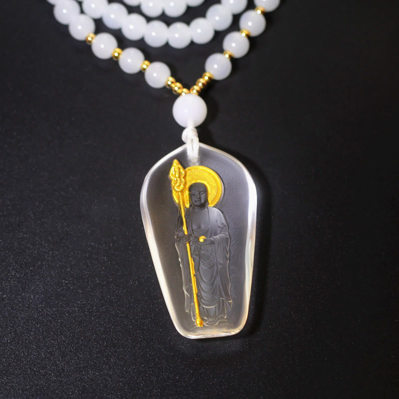 Buddha Stones Tibetan Buddha Liuli Crystal Ksitigarbha Bodhisattva Serenity Necklace Pendant - Ksitigarbha With A Scepter & White - image 1