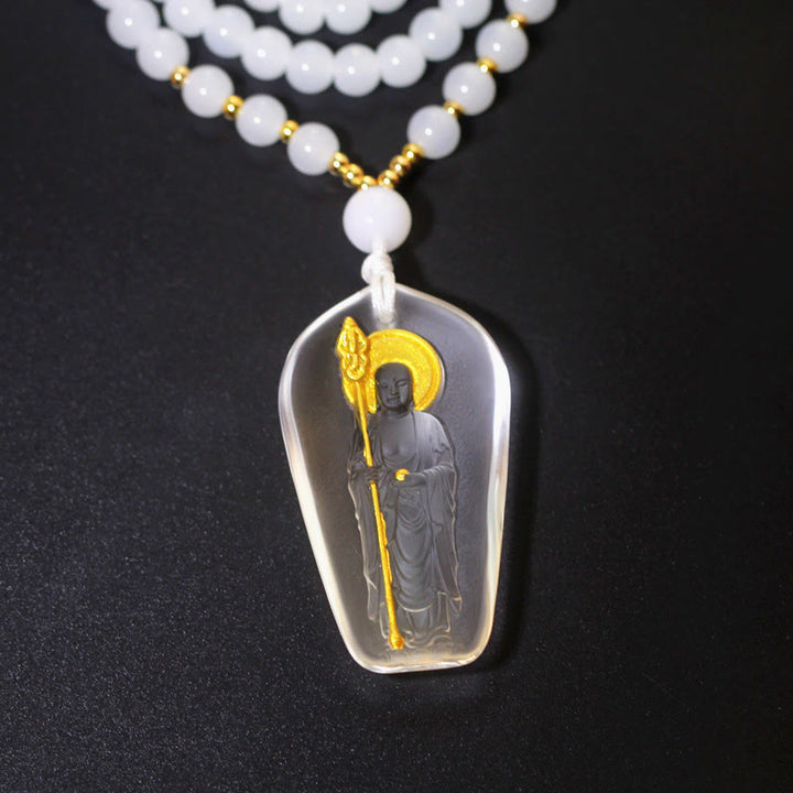 Buddha Stones Tibetan Buddha Liuli Crystal Ksitigarbha Bodhisattva Serenity Necklace Pendant - Ksitigarbha With A Scepter & White - image 1