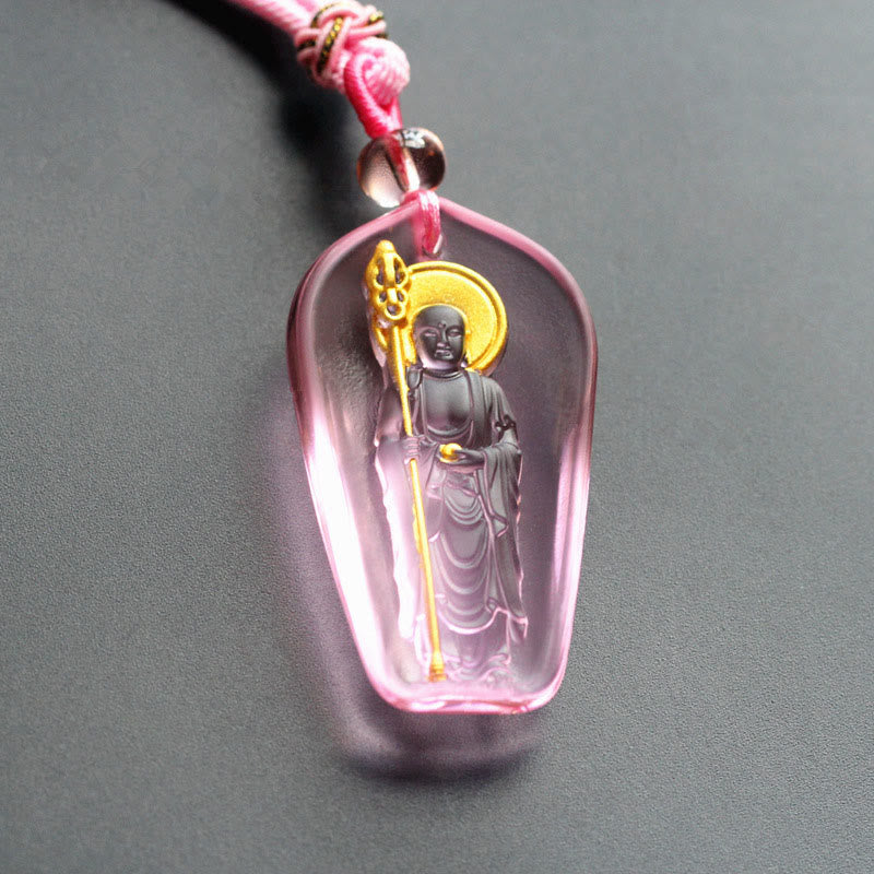 Buddha Stones Tibetan Buddha Liuli Crystal Ksitigarbha Bodhisattva Serenity Necklace Pendant - Ksitigarbha With A Scepter & Pink - image 3