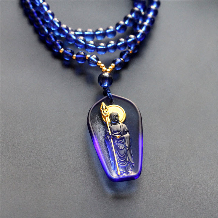 Buddha Stones Tibetan Buddha Liuli Crystal Ksitigarbha Bodhisattva Serenity Necklace Pendant - Ksitigarbha With A Scepter & Blue - image 0