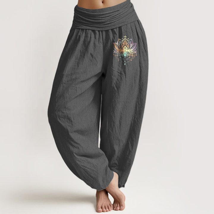 Buddha Stones Pure Cotton Rainbow-colored Lotus Pattern Women's Elastic Waist Harem Pants - DimGray - US22，UK/AU26，EU54 (6XL) - image 8