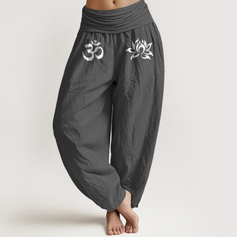 Buddha Stones Solid Color Pure Cotton Lotus Om Symbol Pattern Women's Elastic Waist Harem Pants - DimGray - US22，UK/AU26，EU54 (6XL) - image 0