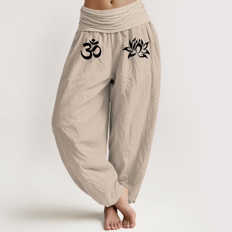 Buddha Stones Solid Color Pure Cotton Lotus Om Symbol Pattern Women's Elastic Waist Harem Pants - Tan - US22，UK/AU26，EU54 (6XL) - image 11