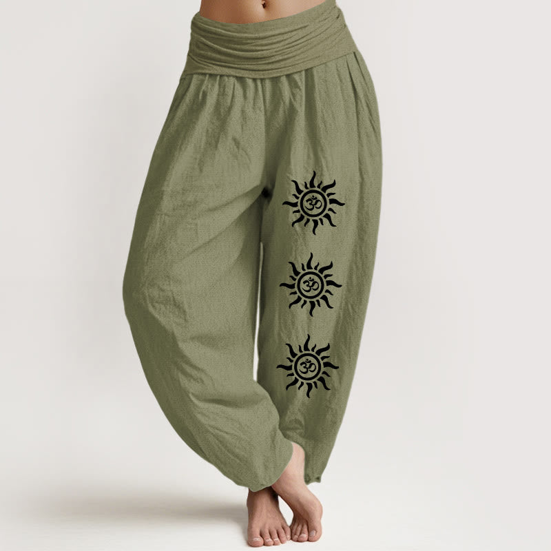 Buddha Stones Solid Color Pure Cotton Sun Om Symbol Pattern Women's Elastic Waist Harem Pants - OliveDrab - US22，UK/AU26，EU54 (6XL) - image 0