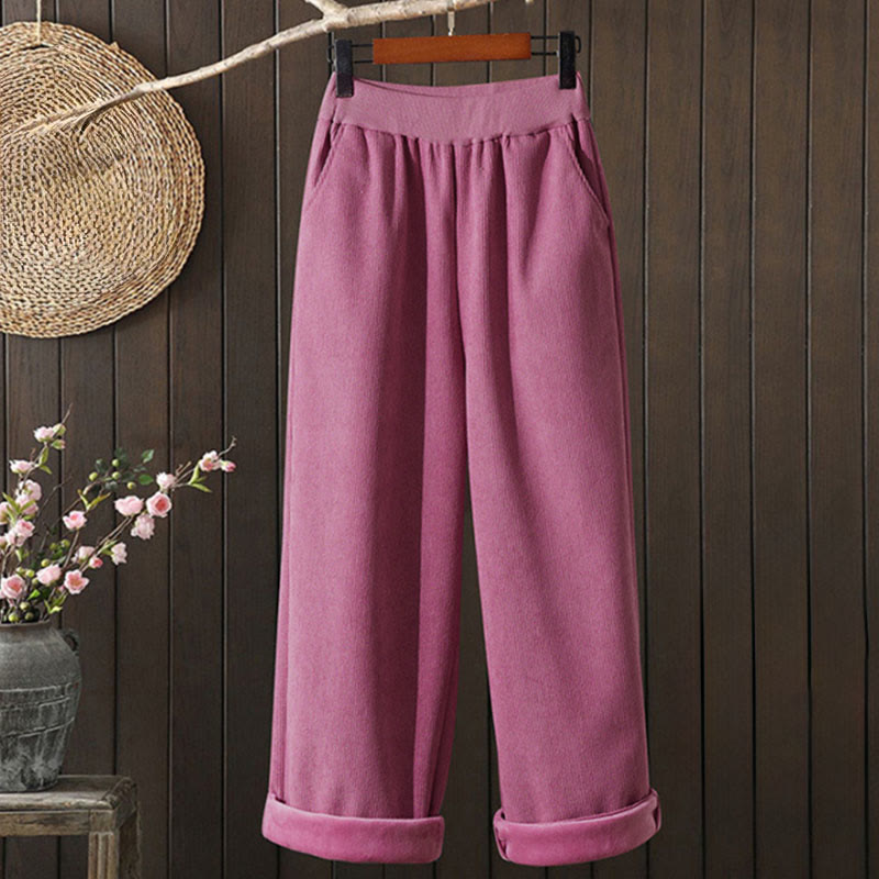Buddha Stones Winter Women's Wide Leg Corduroy Cotton Thermal Fleece-Lined Pants With Pockets - image 2