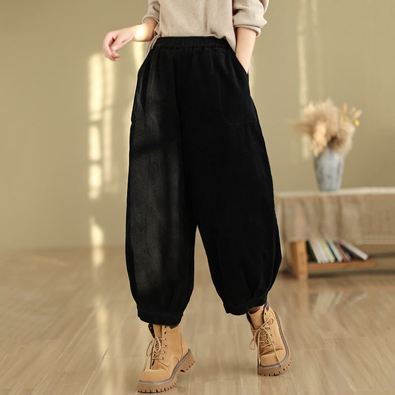 Buddha Stones Plain Elastic Waistband Design Women's Corduroy Harem Pants With Pockets - image 7