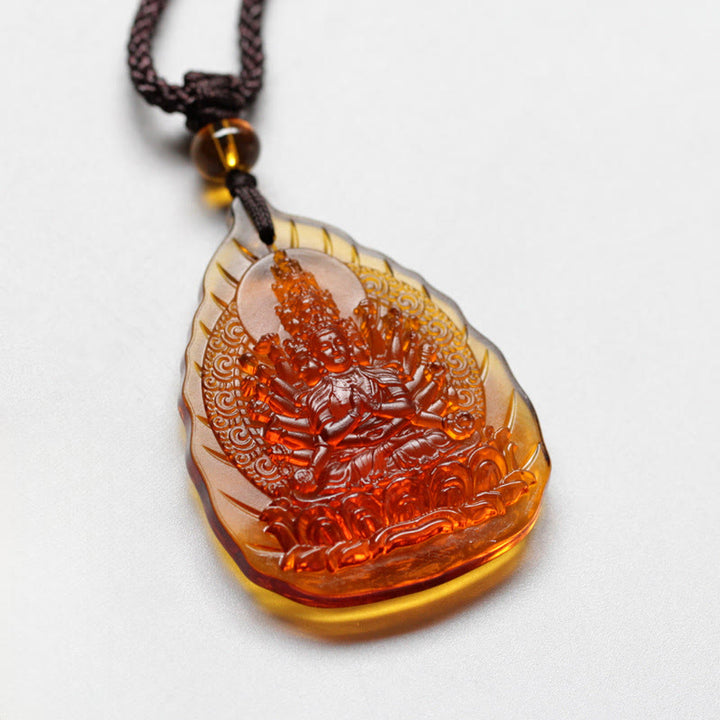 Buddha Stones Liuli Crystal Chinese Zodiac Natal Buddha Protection Leaf Shape Necklace Pendant - Rat-Thousand-armed Avalokitesvara - image 0