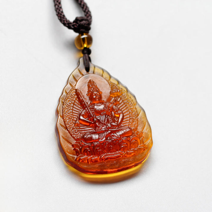 Buddha Stones Liuli Crystal Chinese Zodiac Natal Buddha Protection Leaf Shape Necklace Pendant - Ox/Tiger-Void Bodhisattva - image 1
