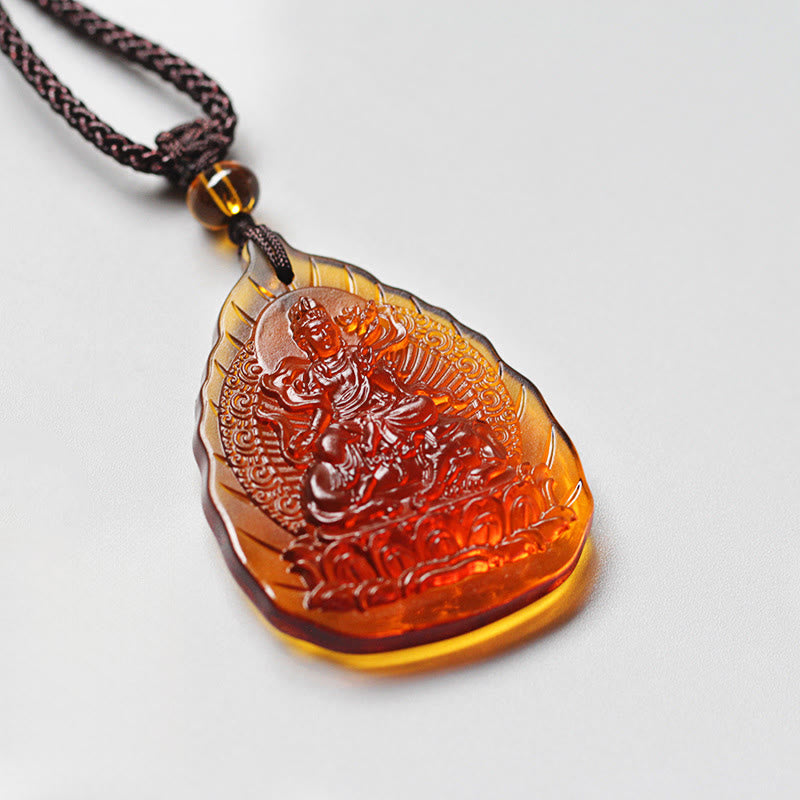 Buddha Stones Liuli Crystal Chinese Zodiac Natal Buddha Protection Leaf Shape Necklace Pendant - Dragon/Snake-Samantabhadra Bodhisattva - image 3