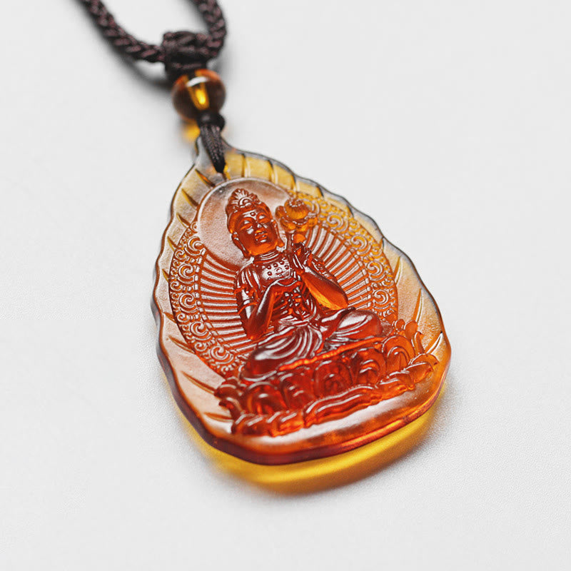 Buddha Stones Liuli Crystal Chinese Zodiac Natal Buddha Protection Leaf Shape Necklace Pendant - Horse-Mahasattva Bodhisattva - image 4