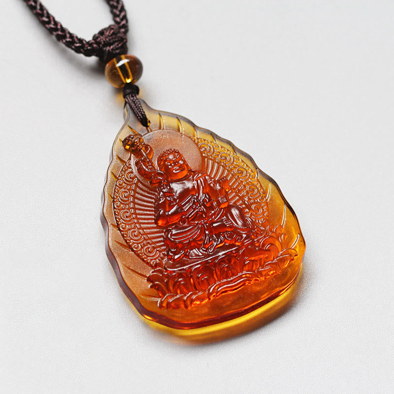Buddha Stones Liuli Crystal Chinese Zodiac Natal Buddha Protection Leaf Shape Necklace Pendant - Rooster-Acalanatha - image 10