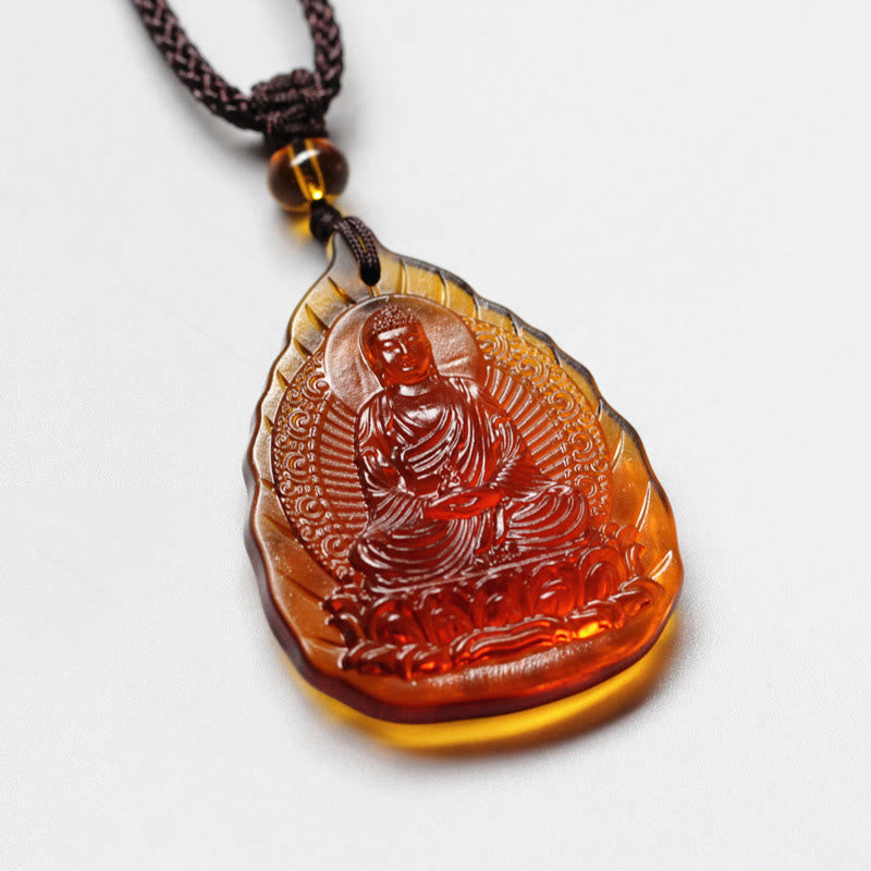 Buddha Stones Liuli Crystal Chinese Zodiac Natal Buddha Protection Leaf Shape Necklace Pendant - Dog/Pig-Amitabha Buddha - image 11