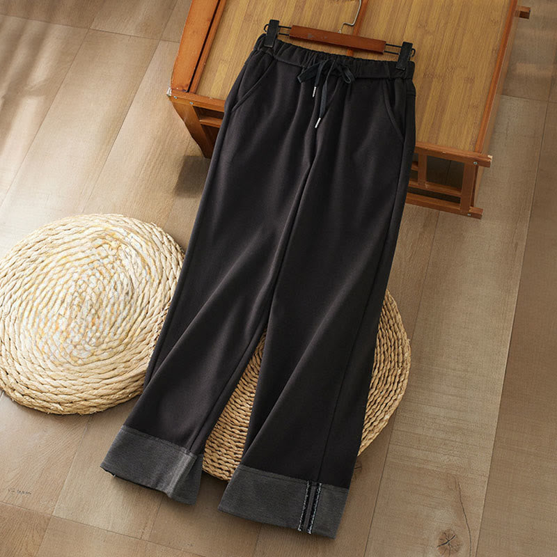 Buddha Stones Casual Thickening Elastic Waist Straight-leg Women's Winter Pants With Pockets - Black - US8-10，UK/AU12-14，EU40-42 (2XL) - image 0