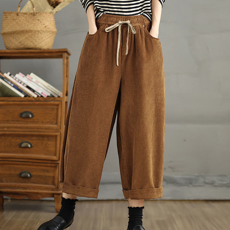 Buddha Stones Women's Color Contrast Drawstring Design Corduroy Pants With Pockets - image 1