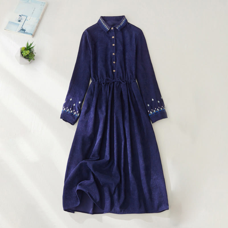 Buddha Stones Embroiderd Floral Pattern Lace-up Design Long Sleeve Midi Dress With Pockets - DarkBlue - US8-10，UK/AU12-14，EU40-42 (2XL) - image 10