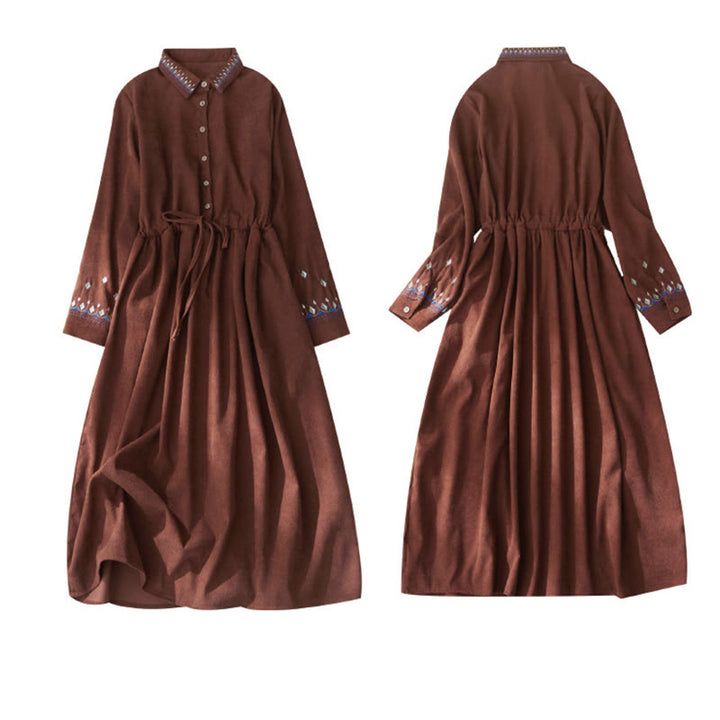 Buddha Stones Embroiderd Floral Pattern Lace-up Design Long Sleeve Midi Dress With Pockets - image 9