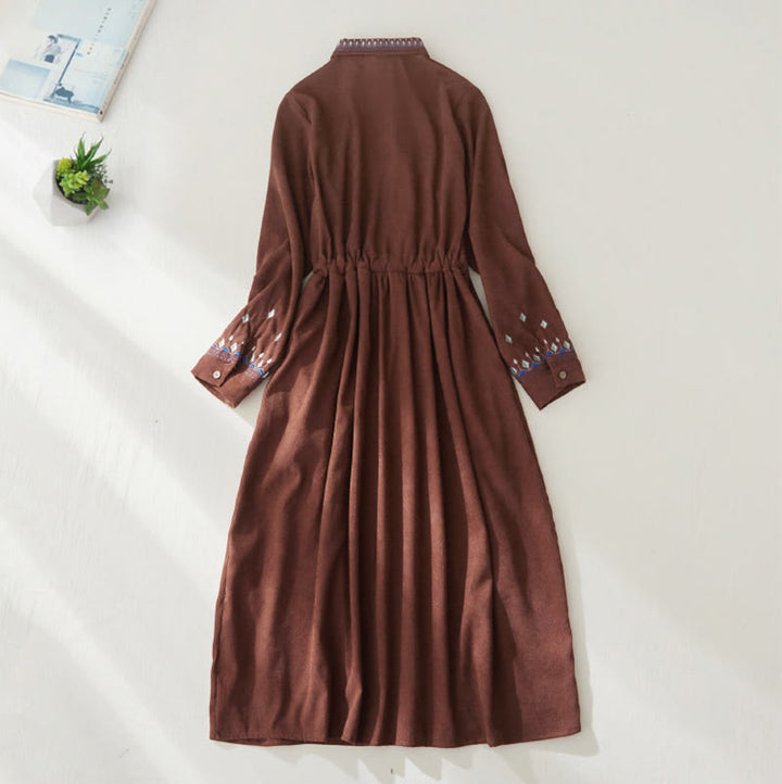 Buddha Stones Embroiderd Floral Pattern Lace-up Design Long Sleeve Midi Dress With Pockets - image 1