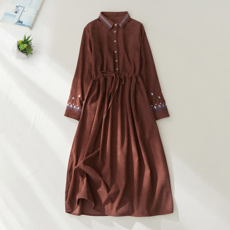 Buddha Stones Embroiderd Floral Pattern Lace-up Design Long Sleeve Midi Dress With Pockets - Sienna - US8-10，UK/AU12-14，EU40-42 (2XL) - image 0