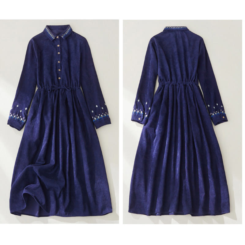 Buddha Stones Embroiderd Floral Pattern Lace-up Design Long Sleeve Midi Dress With Pockets - image 13