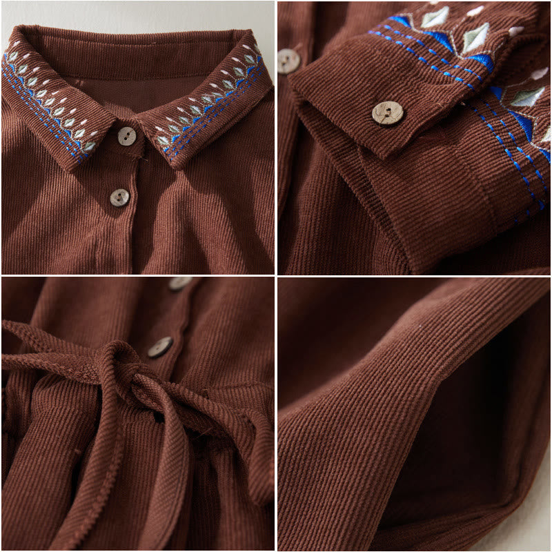 Buddha Stones Embroiderd Floral Pattern Lace-up Design Long Sleeve Midi Dress With Pockets - image 6