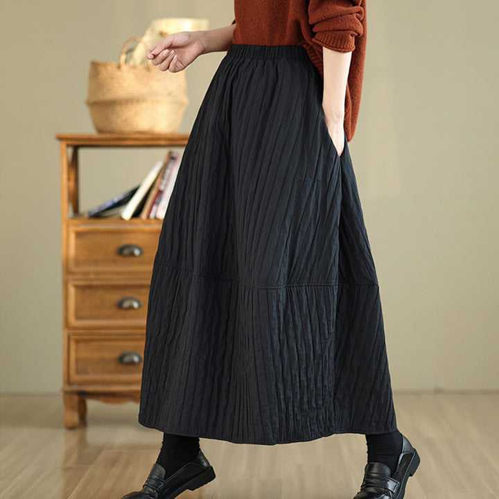 Buddha Stones Plain Pleats Design Elastic Waist Women's Thermal Skirt With Pockets - image 5
