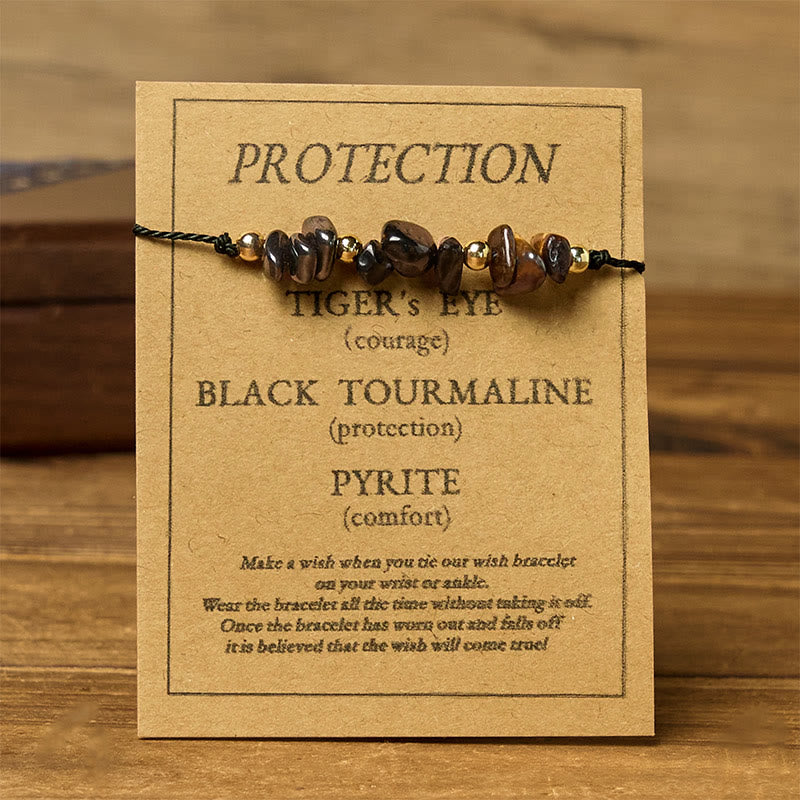 Buddha Stones Tiger Eye Black Tourmaline Pyrite Protection Card Rope Bracelet - image 1