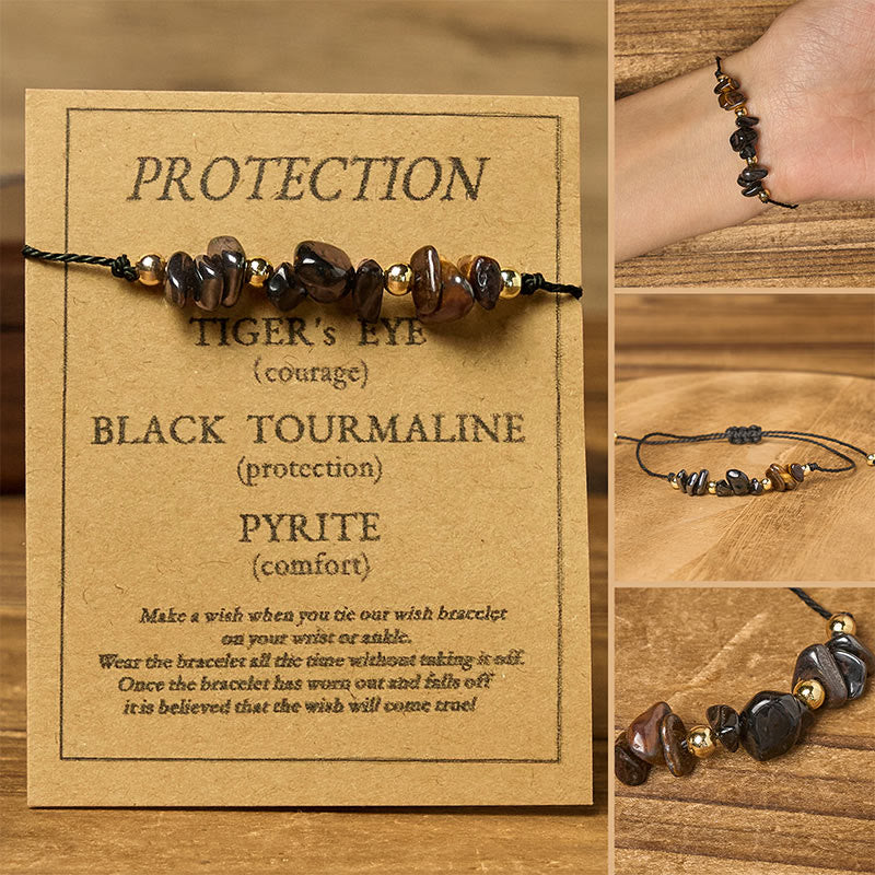 Buddha Stones Tiger Eye Black Tourmaline Pyrite Protection Card Rope Bracelet - Irregular Beads (Wrist Circumference: 14-23cm) - image 0
