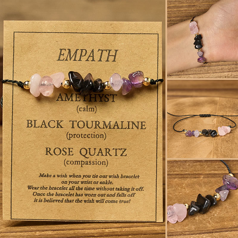 Buddha Stones Amethyst Black Tourmaline Rose Quartz Empath Card Rope Bracelet - Irregular Beads (Wrist Circumference: 14-23cm) - image 0