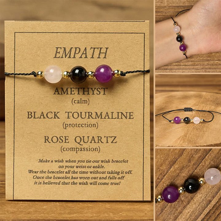 Buddha Stones Amethyst Black Tourmaline Rose Quartz Empath Card Rope Bracelet - Round Beads(Wrist Circumference: 14-23cm) - image 10