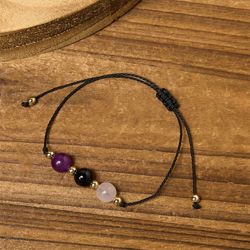 Buddha Stones Amethyst Black Tourmaline Rose Quartz Empath Card Rope Bracelet - image 12