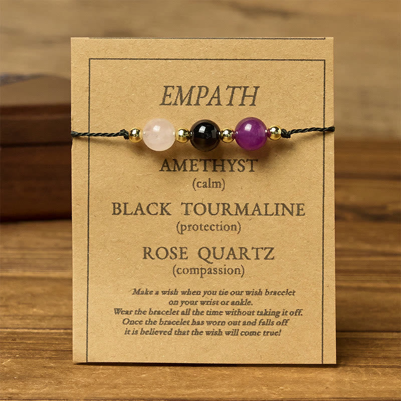 Buddha Stones Amethyst Black Tourmaline Rose Quartz Empath Card Rope Bracelet - image 11