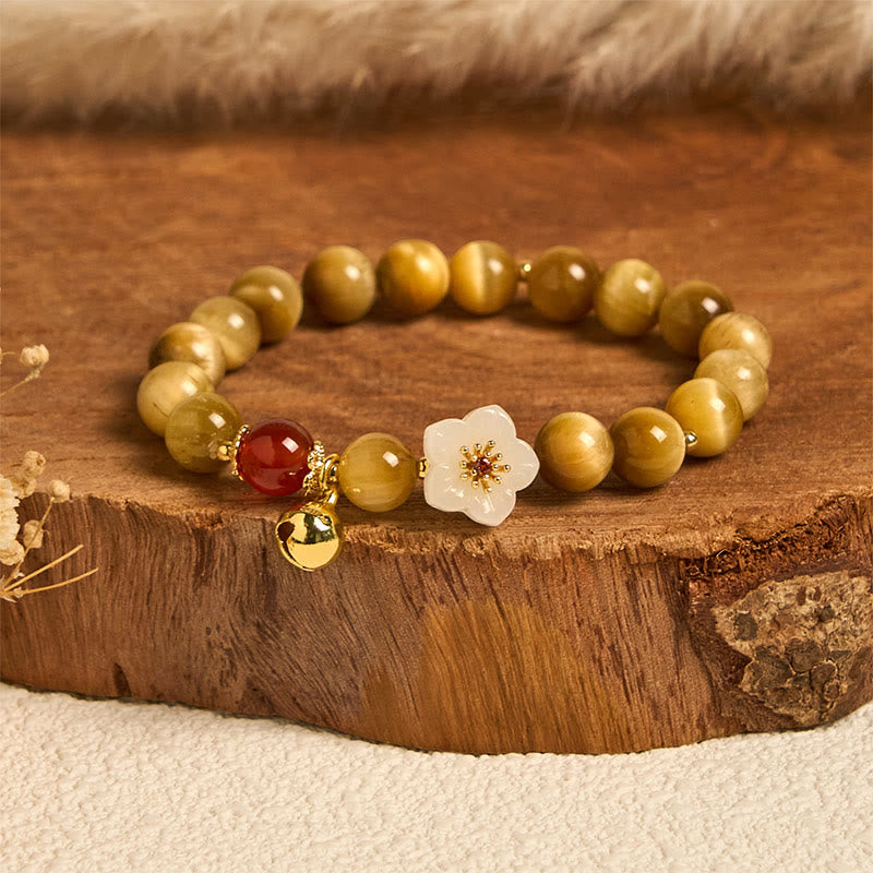 Buddha Stones Natural Golden Tiger Eye Bell Flower Courage Bracelet - Tiger Eye & White Flower (Wrist Circumference: 14-16cm) - image 0