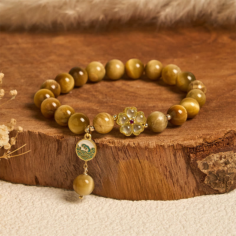 Buddha Stones Natural Golden Tiger Eye Bell Flower Courage Bracelet - Tiger Eye & Green Flower (Wrist Circumference: 14-16cm) - image 5