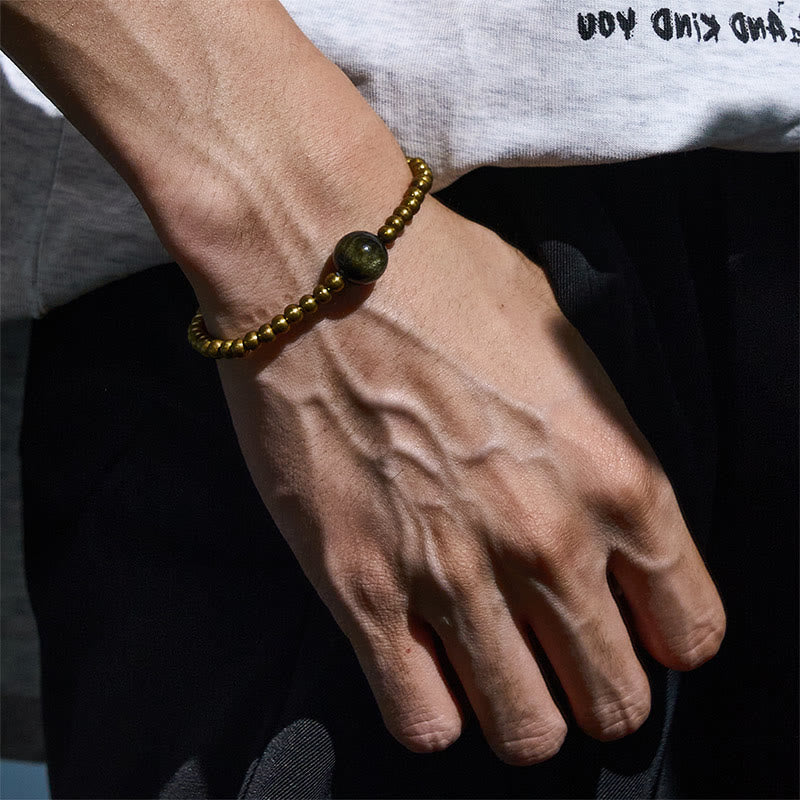 Buddha Stones Plated Copper Brass Gold Sheen Obsidian Protection Wealth Bracelet - image 2