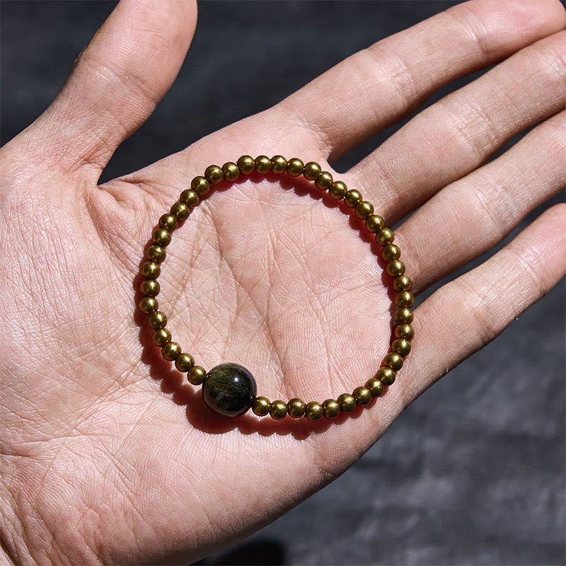 Buddha Stones Plated Copper Brass Gold Sheen Obsidian Protection Wealth Bracelet - image 3