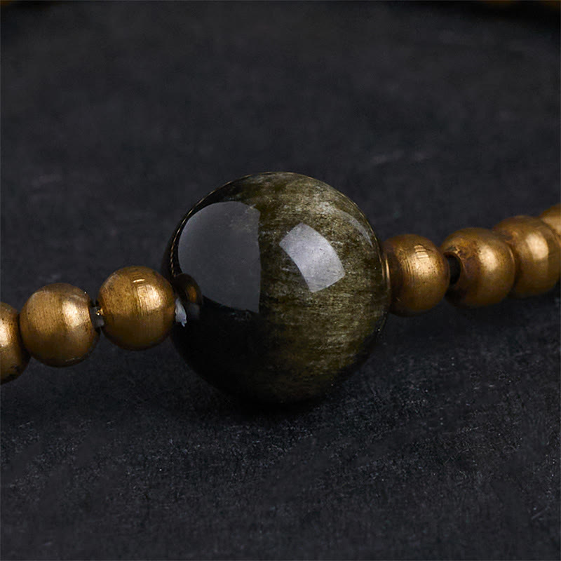 Buddha Stones Plated Copper Brass Gold Sheen Obsidian Protection Wealth Bracelet - image 5