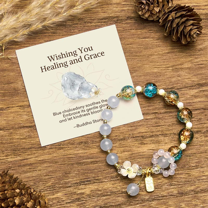 Buddha Stones "Wishing You Healing and Grace" Blue Chalcedony Bracelet Includes Gift Message Card - Blue Chalcedony(Wrist Circumference 14-16cm) - Standard Gift Box - image 0