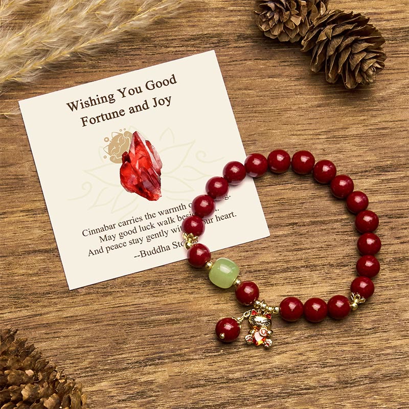 Buddha Stones "Wishing You Good Fortune and Joy" Cat Cinnabar Bracelet Includes Gift Message Card - Cinnabar(Wrist Circumference: 16-18cm) - Standard Gift Box - image 0
