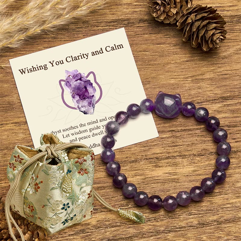 Buddha Stones "Wishing You Clarity and Calm" Cute Cat Amethyst Bracelet Includes Gift Message Card - Amethyst(Wrist Circumference 15-20cm) - Deluxe Gift Bag (+$9.59) - image 7