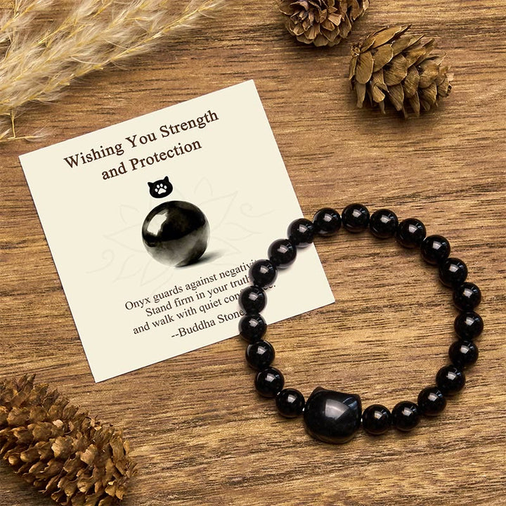 Buddha Stones "Wishing You Strength and Protection" Cat Onyx Bracelet Includes Gift Message Card - Black Onyx(Wrist Circumference: 14-16cm) - Standard Gift Box - image 0