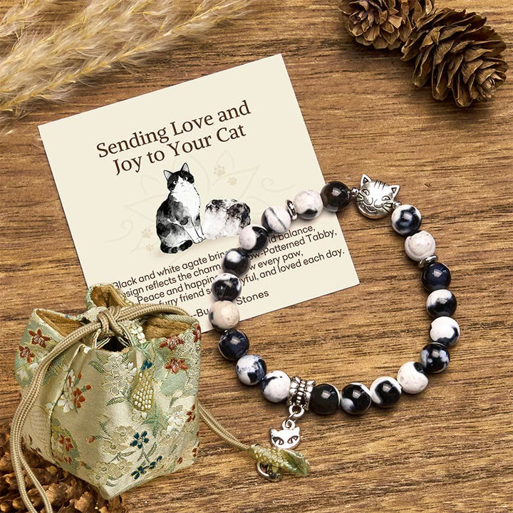 Buddha Stones "Sending Love and Joy to Your Cat" Cat Agate Bracelet Includes Gift Message Card - Black and White Cat(Wrist Circumference 15-16cm) - Deluxe Gift Bag (+$9.59) - image 6