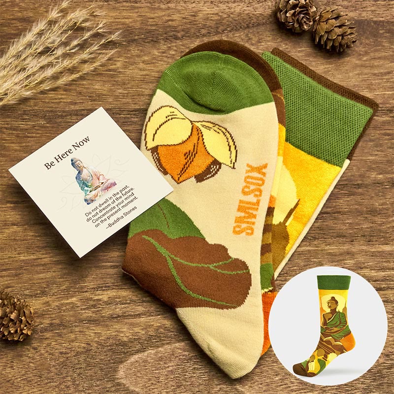 Buddha Stones "Be Here Now" Casual Buddha Lotus Dragonfly Women's Socks Includes Gift Message Card - Beige - S-M (US 5.5-11.5，EU 36–42，UK/AU 3.5-9，Asia 23–26.5 cm) - With Message Card - image 0