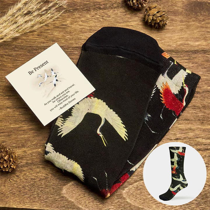 Buddha Stones "Be Present" Casual White Red Cranes Men Women Unisex Socks Includes Gift Message Card - Black - One Size Fits Most (US 5-12，EU 37-45，UK/AU 4.5-11.5，AISA 23.5-28.5cm) - With Message Card - image 0