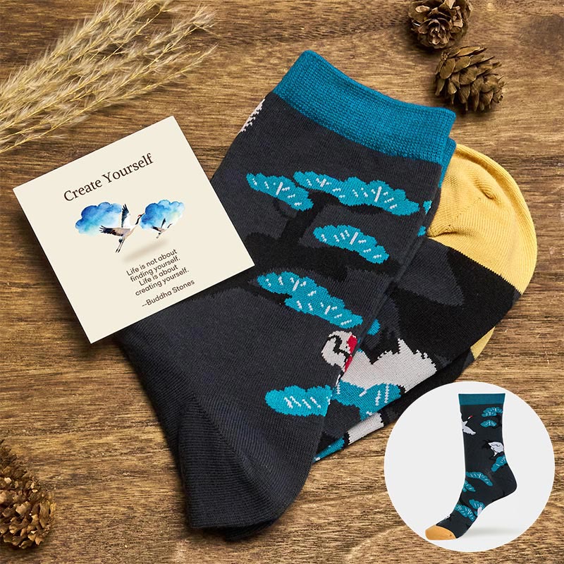 Buddha Stones "Create Yourself" White Crane Pine Tree Women's Socks Includes Gift Message Card - Black - S-M (US 5.5-11.5，EU 36–42，UK/AU 3.5-9，Asia 23–26.5 cm) - With Message Card - image 0