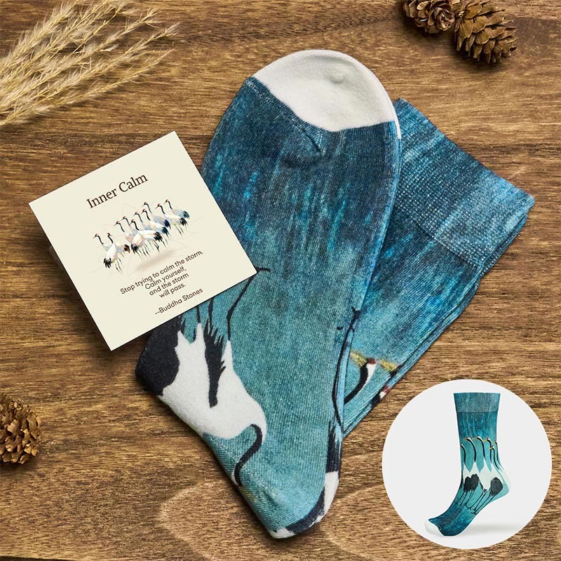 Buddha Stones "Inner Calm" Casual White Crane Micro Crew Women's Socks Includes Gift Message Card - CadetBlue - S (US 4.5-7，EU 35-38，UK/AU 2.5-4.5，AISA 22.5-24.5cm) - With Message Card - image 0