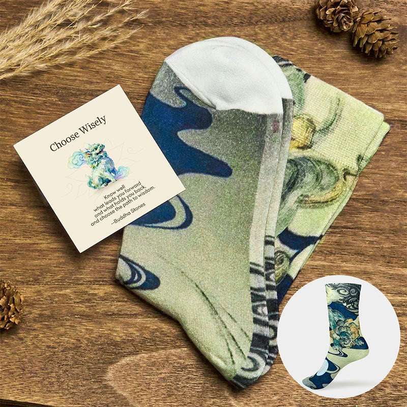 Buddha Stones "Choose Wisely" PiXiu Auspicious Clouds Women's Socks Includes Gift Message Card - Honeydew - S (US 4.5-7，EU 35-38，UK/AU 2.5-4.5，AISA 22.5-24.5cm) - With Message Card - image 0