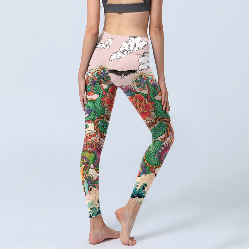 Buddha Stones Dragon Rose Eagle Waves Auspicious Clouds Pattern Gym Leggings Women's Yoga Pants - image 4